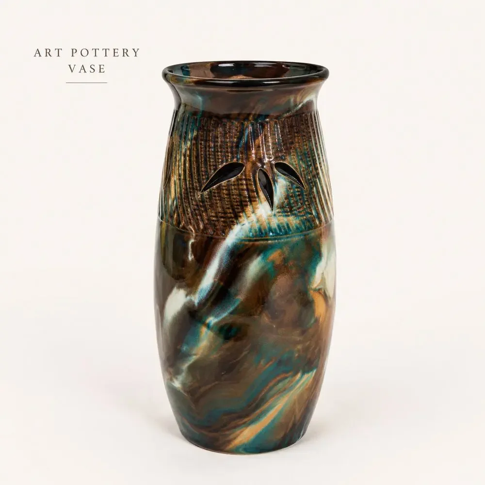 Art Pottery Vase Earth Tone Swirl Glaze Studio Ceramic Decor